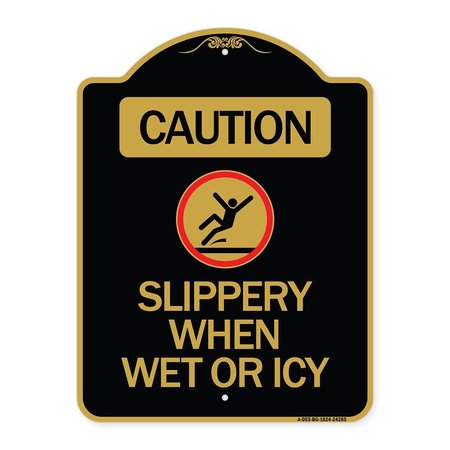 SIGNMISSION Caution-Slippery When Wet or Icy W/ Graphic, Black & Gold Aluminum Sign, 18" H, BG-1824-24285 A-DES-BG-1824-24285